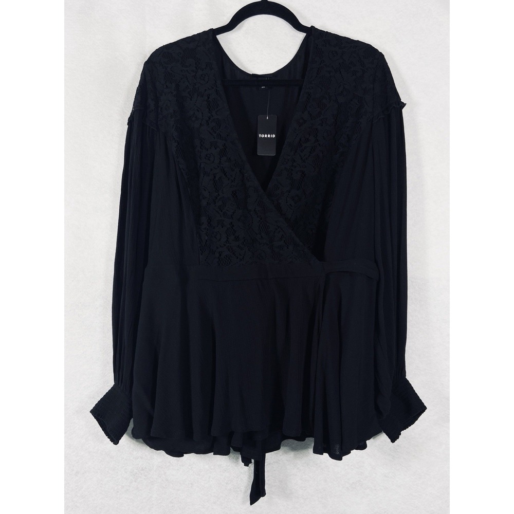Torrid Wrap Top Women's 4 US 4X Black Blouse Lace Trim Long Sleeves
